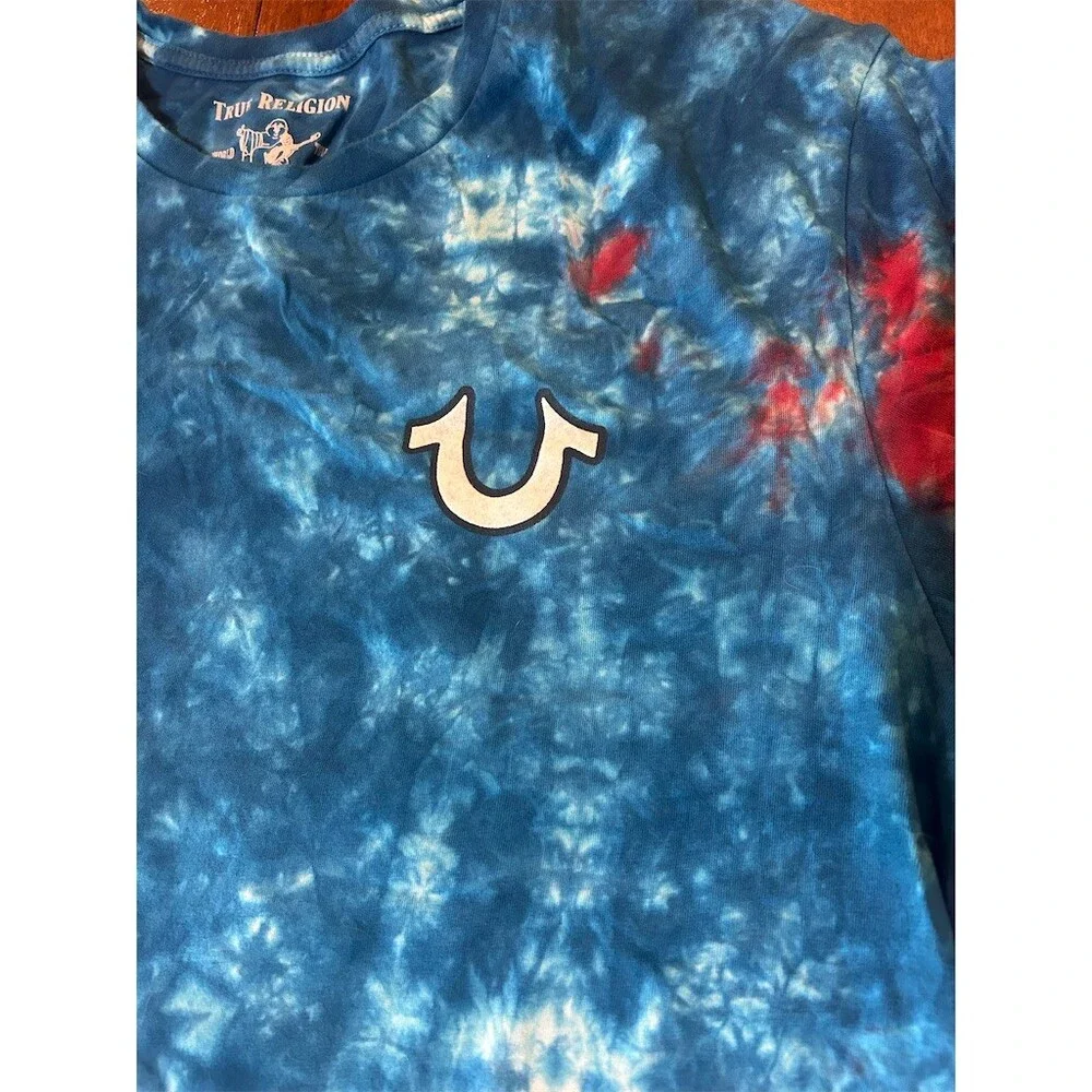 True Religion T-Shirt Mens L Blue Red Tie Dye World Tour Buddha Guitar